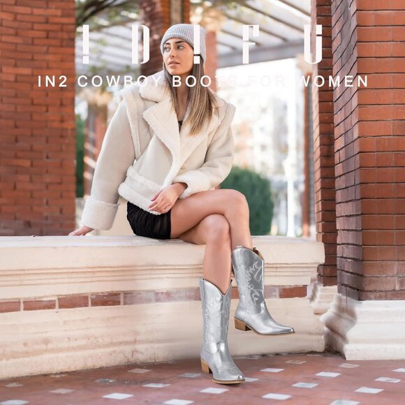 Women Silver Manmade Material Mid Calf Embroidered Low Heel Pointed Toe Boots - Picture 2 of 6